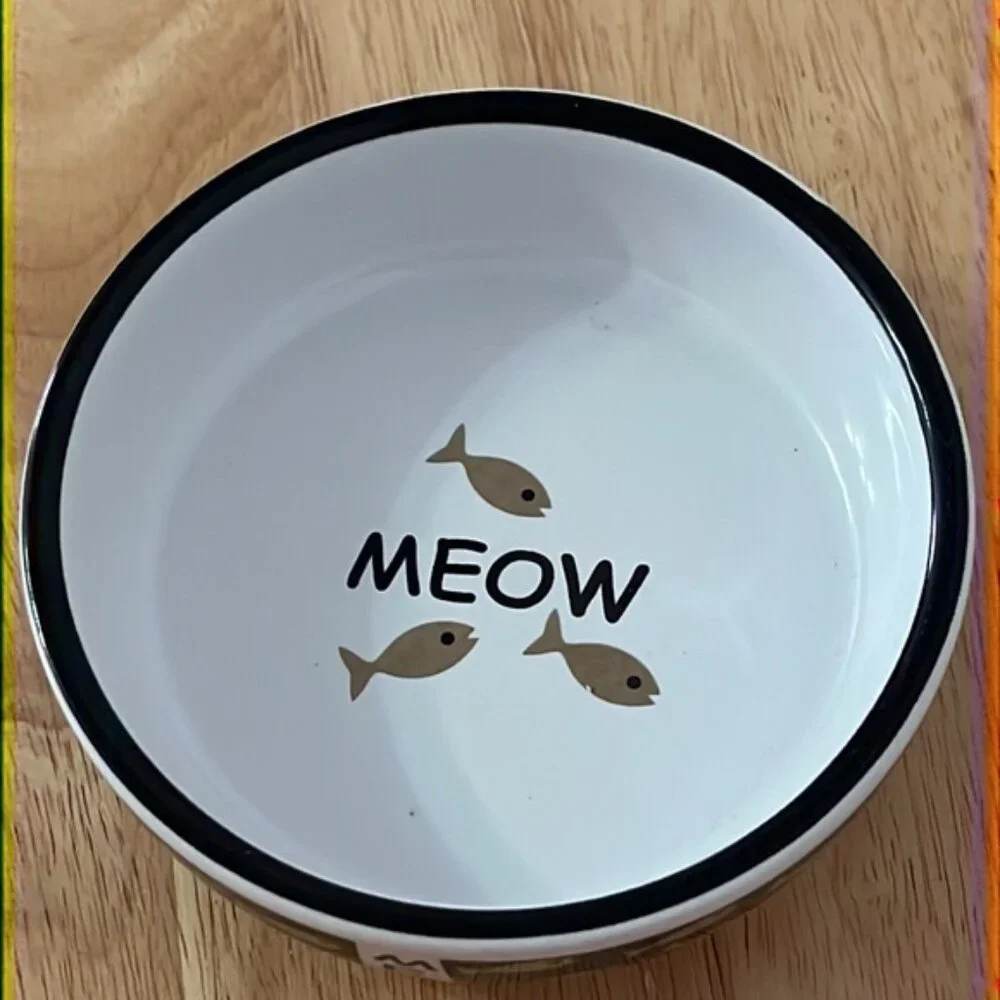 🎀 Whisker City ceramic cat bowl dish with ‘meow’ and fish print decor